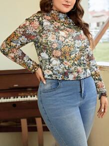 SHEIN VCAY Plus Floral Print Mock Neck Mesh Top Without Bra - Multicolor - View 8