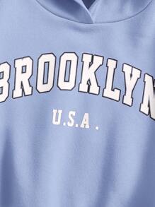 SHEIN Leap Crew 少女字母图案保暖内衬落肩卫衣，秋冬季款 - 淺藍色 - 查看 3