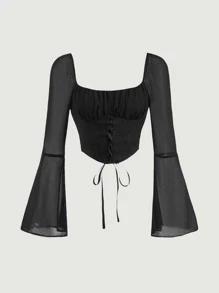 SHEIN MOD Ruched Bust Lace Up Front Flounce Sleeve Blouse - Black - View 1
