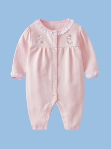 女婴连体衣，春秋季新生儿长袖蕾丝边圆领兔子图案连体衣 - 粉色 - 查看 1