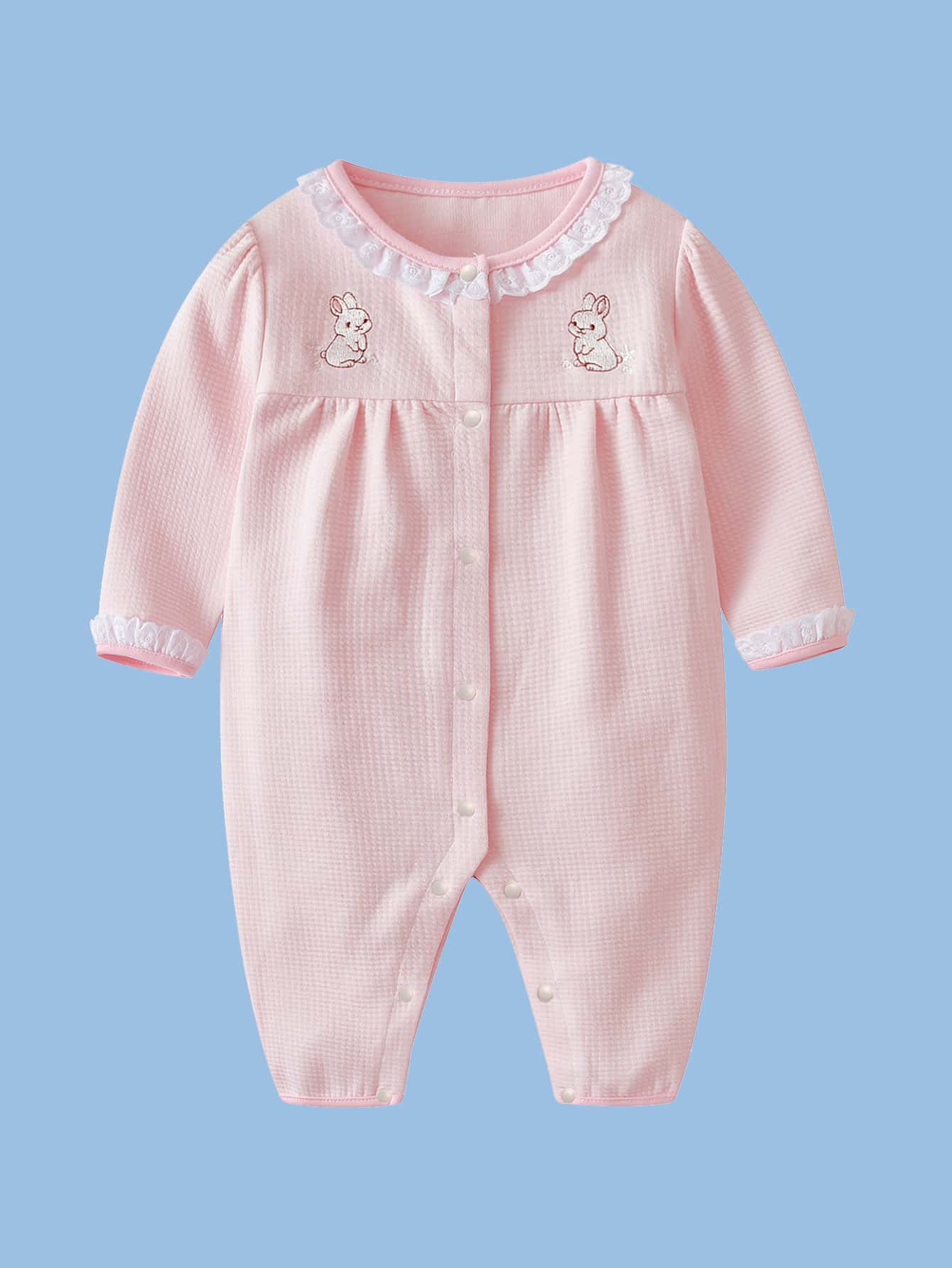 女婴连体衣，春秋季新生儿长袖蕾丝边圆领兔子图案连体衣 - 粉色 - 查看 1