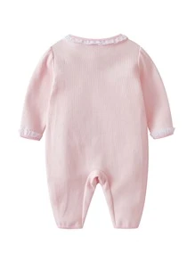 女婴连体衣，春秋季新生儿长袖蕾丝边圆领兔子图案连体衣 - 粉色 - 查看 2