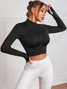 Zip Up Crop Sports Jacket - Black - View 3