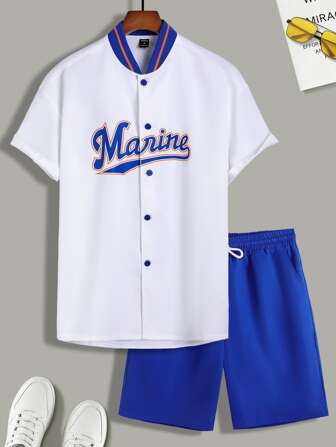 Camisa De Collar De Béisbol Con Gráficos De Letras Y Pantalones Cortos Con Cintura Elástica Para Hombres De Talla Holgada