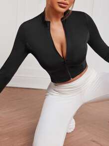 Zip Up Crop Sports Jacket - Black - View 4