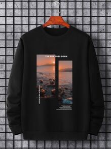 Manfinity Homme Sudadera casual con cuello redondo de manga larga con estampa gráfica de lema y paisaje para hombre, regalo para novio