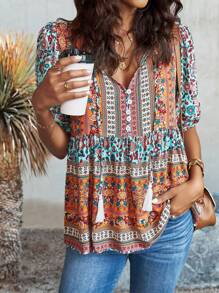 SHEIN LUNE Floral & Colourblock Tie Neck Puff Sleeve Peplum Blouse - Multicolor - View 1