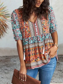 SHEIN LUNE Floral & Colourblock Tie Neck Puff Sleeve Peplum Blouse - Multicolor - View 4