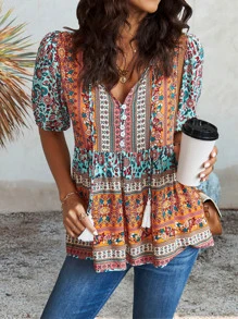 SHEIN LUNE Floral & Colourblock Tie Neck Puff Sleeve Peplum Blouse - Multicolor - View 5