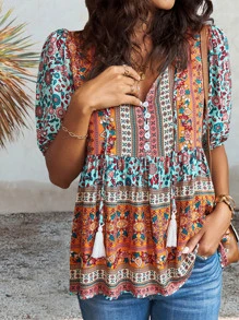 SHEIN LUNE Floral & Colourblock Tie Neck Puff Sleeve Peplum Blouse - Multicolor - View 6