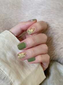 Instantly Upgrade Your Look with 24pcs long square, faux Pearl & Green Camellia design, Fake nail Kit, for summer - Multicolor - View 1