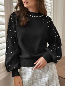 SHEIN Frenchy Pearls Drop Shoulder Sweater Winter Black Black - Black - View 1