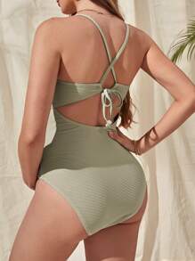 SHEIN Traje de baño de una sola pieza para maternidad, volantes con pliegues en el borde inferior, traje de baño de maternidad para playa de verano - verde menta - Ver 2