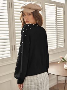 SHEIN Frenchy Pearls Drop Shoulder Sweater Winter Black Black - Black - View 2