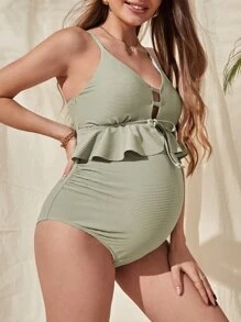 SHEIN Traje de baño de una sola pieza para maternidad, volantes con pliegues en el borde inferior, traje de baño de maternidad para playa de verano - verde menta - Ver 4