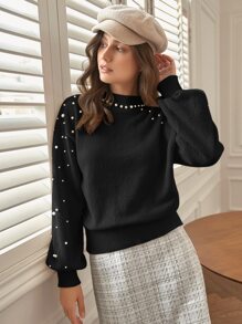 SHEIN Frenchy Pearls Drop Shoulder Sweater Winter Black Black - Black - View 5