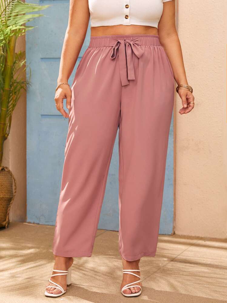 SHEIN VCAY Pantalon droit à nœud - Rose bonbon - Voir 1