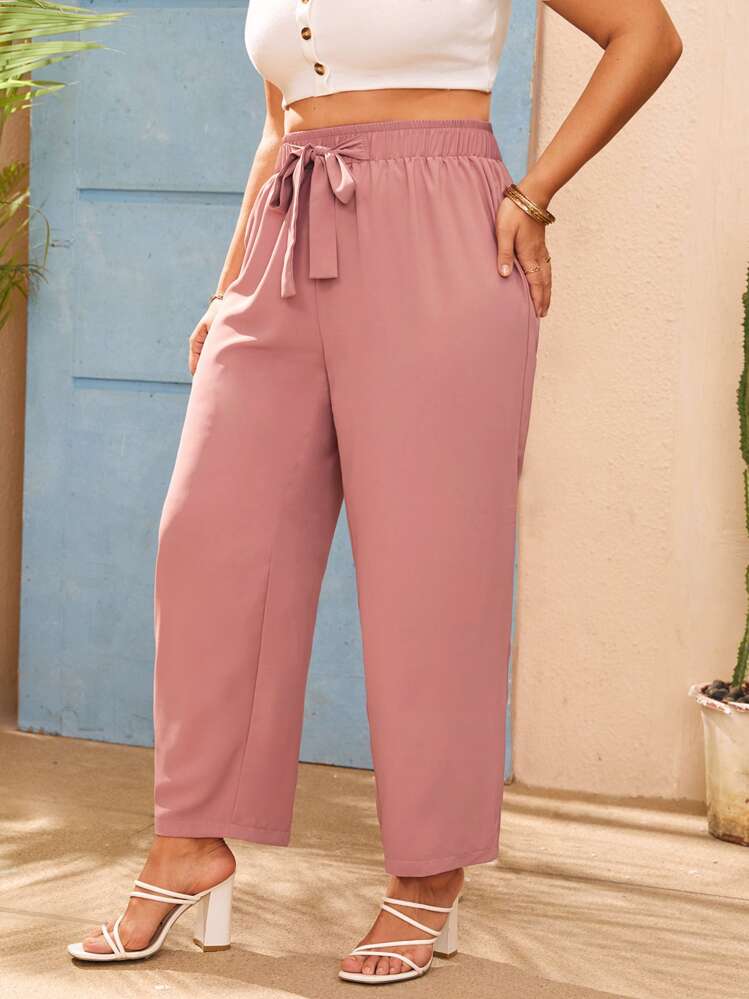 SHEIN VCAY Pantalon droit à nœud - Rose bonbon - Voir 3