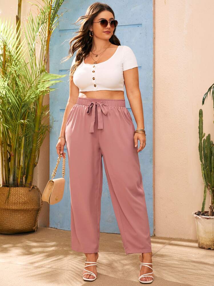SHEIN VCAY Pantalon droit à nœud - Rose bonbon - Voir 4