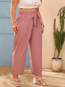 SHEIN VCAY Plus Knot Front Straight Leg Pants - Pink - View 5