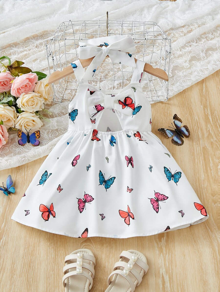Vestido De Tirantes Con Estampado De Mariposas Y Diadema Para Bebé Niña - Blanco - Ver 1