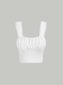 SHEIN MOD Top pecho con fruncido ribete con encaje crop ancho con tira - Blanco - Ver 1