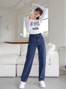 DAZY High Waisted Straight Leg Jeans,Back To School Clothes - Dark Wash - View 4