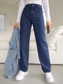 DAZY High Waisted Straight Leg Jeans,Back To School Clothes - Dark Wash - View 5
