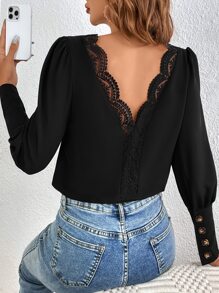 SHEIN Frenchy Guipure Lace Insert Gigot Sleeve Blouse Summer Elegant Black Black - Black - View 1