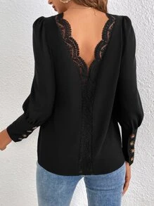 SHEIN Frenchy Guipure Lace Insert Gigot Sleeve Blouse Summer Elegant Black Black - Black - View 5