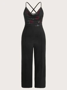 SHEIN Clasi 大碼網紗緊身上衣露背交叉闊腿吊帶連體褲 - 彩色 - 查看 1