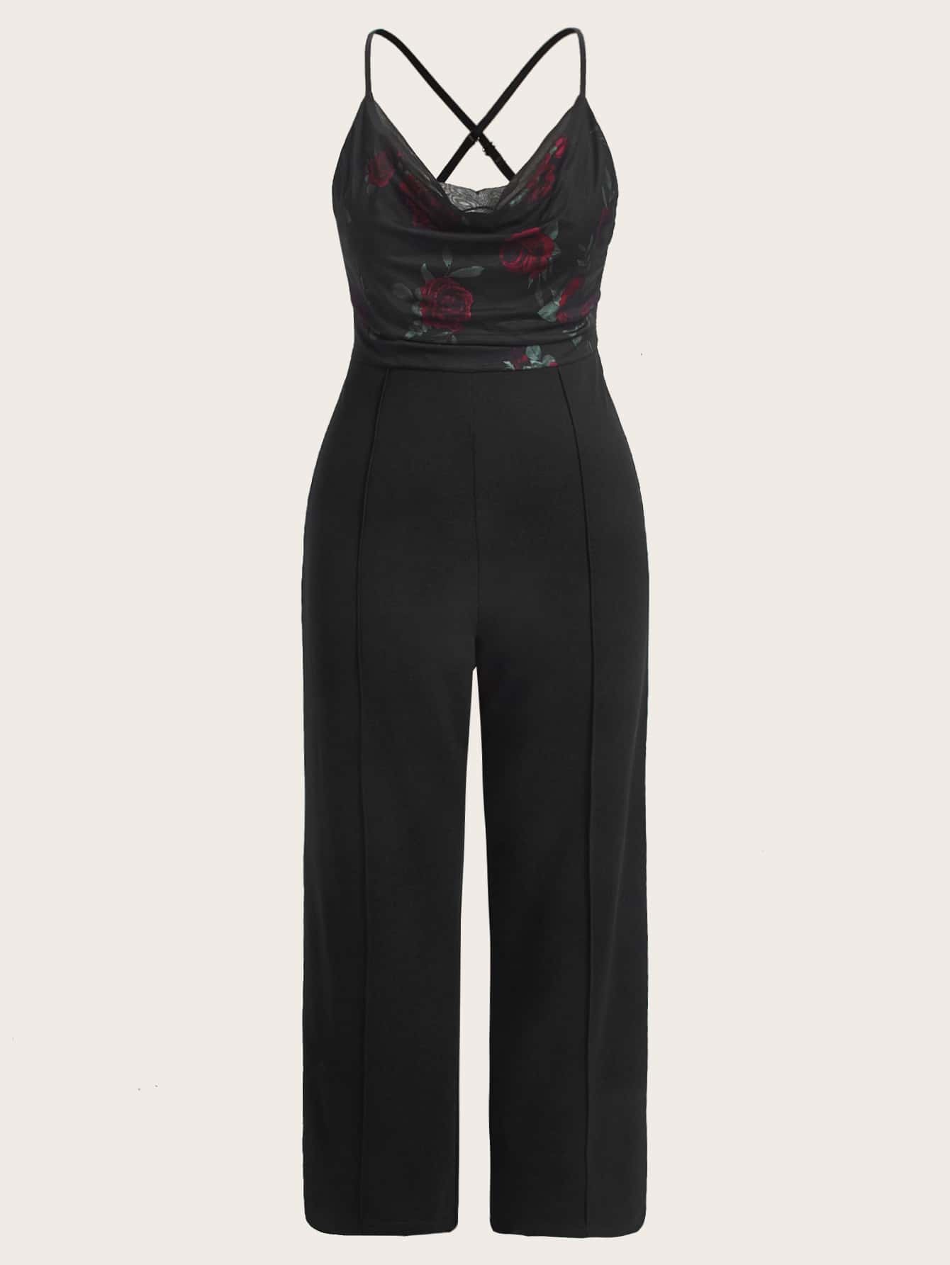 SHEIN Clasi Plus Mesh Bodice Crisscross Backless Wide Leg Cami Jumpsuit - Multicolor - View 1