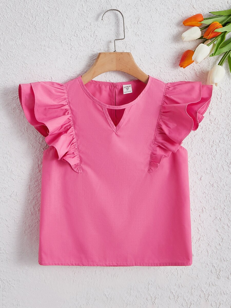 SHEIN Chicas Blusa ribete con fruncido - Rosa - Ver 1