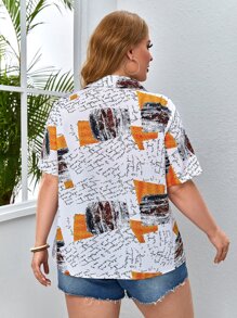 SHEIN LUNE Áo sơ mi họa tiết Slogan Plus cho mùa hè - trắng - Xem 2