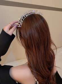 1入組鑲有水晶字母、'happy birthday'和皇冠設計的發帶，適用於生日、婚禮、派對等場合 - 銀色 - 查看 1