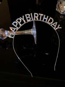 1入組鑲有水晶字母、'happy birthday'和皇冠設計的發帶，適用於生日、婚禮、派對等場合 - 銀色 - 查看 2