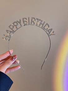 1入組鑲有水晶字母、'happy birthday'和皇冠設計的發帶，適用於生日、婚禮、派對等場合 - 銀色 - 查看 3