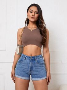 Rolled Hem Denim Shorts - Light Wash - View 4