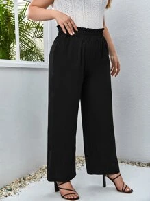 SHEIN LUNE 大碼紙袋腰闊腿褲 - 黑色 - 查看 3