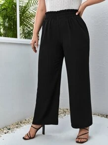 SHEIN LUNE 大碼紙袋腰闊腿褲 - 黑色 - 查看 5