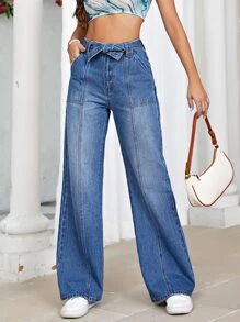 Belted Wide Leg Jeans - Medium Wash - View 1
