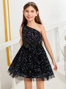 SHEIN Girls One Shoulder Bow Front Sequin Mesh Overlay Dress - Multicolor - View 1