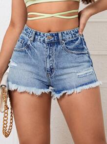 Ripped Raw Hem Denim Shorts - Medium Wash - View 1