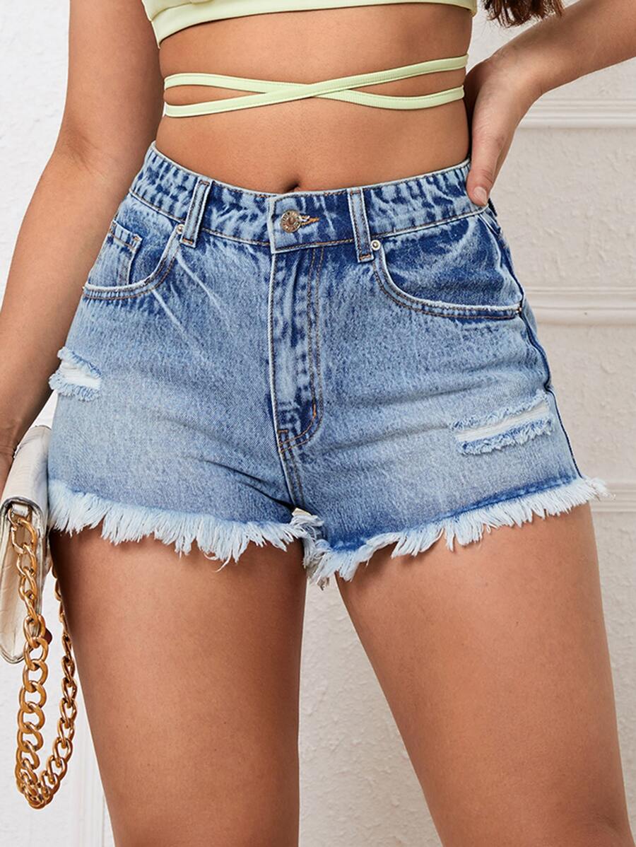 Ripped Raw Hem Denim Shorts - Medium Wash - View 1
