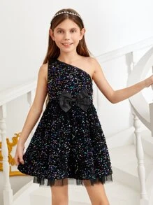 SHEIN Girls One Shoulder Bow Front Sequin Mesh Overlay Dress - Multicolor - View 5