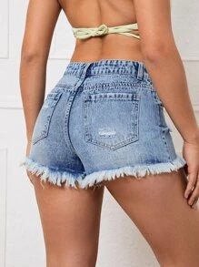 Ripped Raw Hem Denim Shorts - Medium Wash - View 2