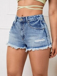 Ripped Raw Hem Denim Shorts - Medium Wash - View 3