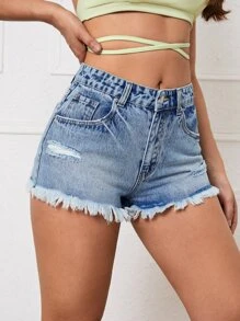 Ripped Raw Hem Denim Shorts - Medium Wash - View 4