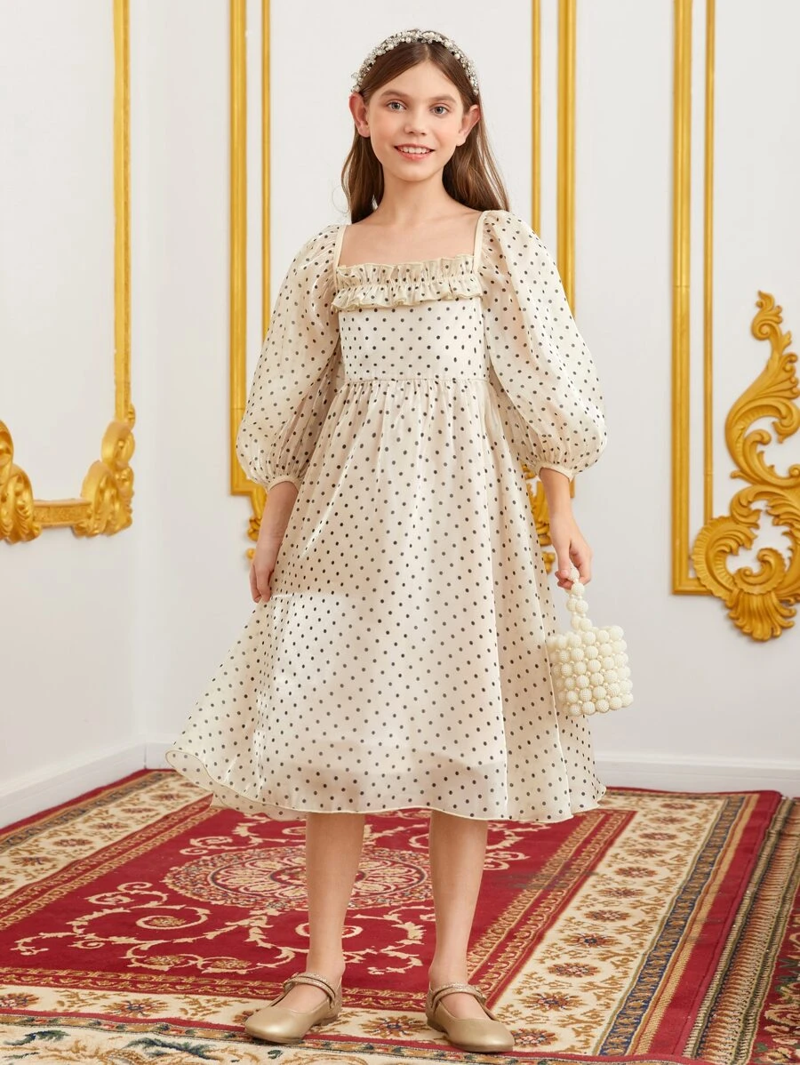 SHEIN Đầm Gái viền lá sen Dây kéo Chấm bi Buổi tiệc - Màu be - Xem 1