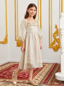 SHEIN Đầm Gái viền lá sen Dây kéo Chấm bi Buổi tiệc - Màu be - Xem 5